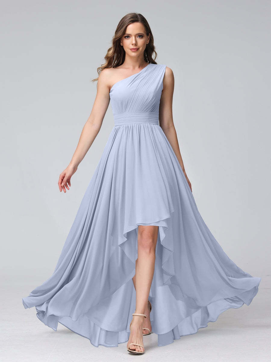 One-Shoulder Asymmetrical A-Line Princess Bridesmaid Dresses with Pockets, Sleeveless