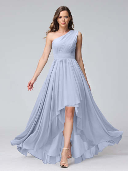 One-Shoulder Asymmetrical A-Line Princess Bridesmaid Dresses with Pockets, Sleeveless