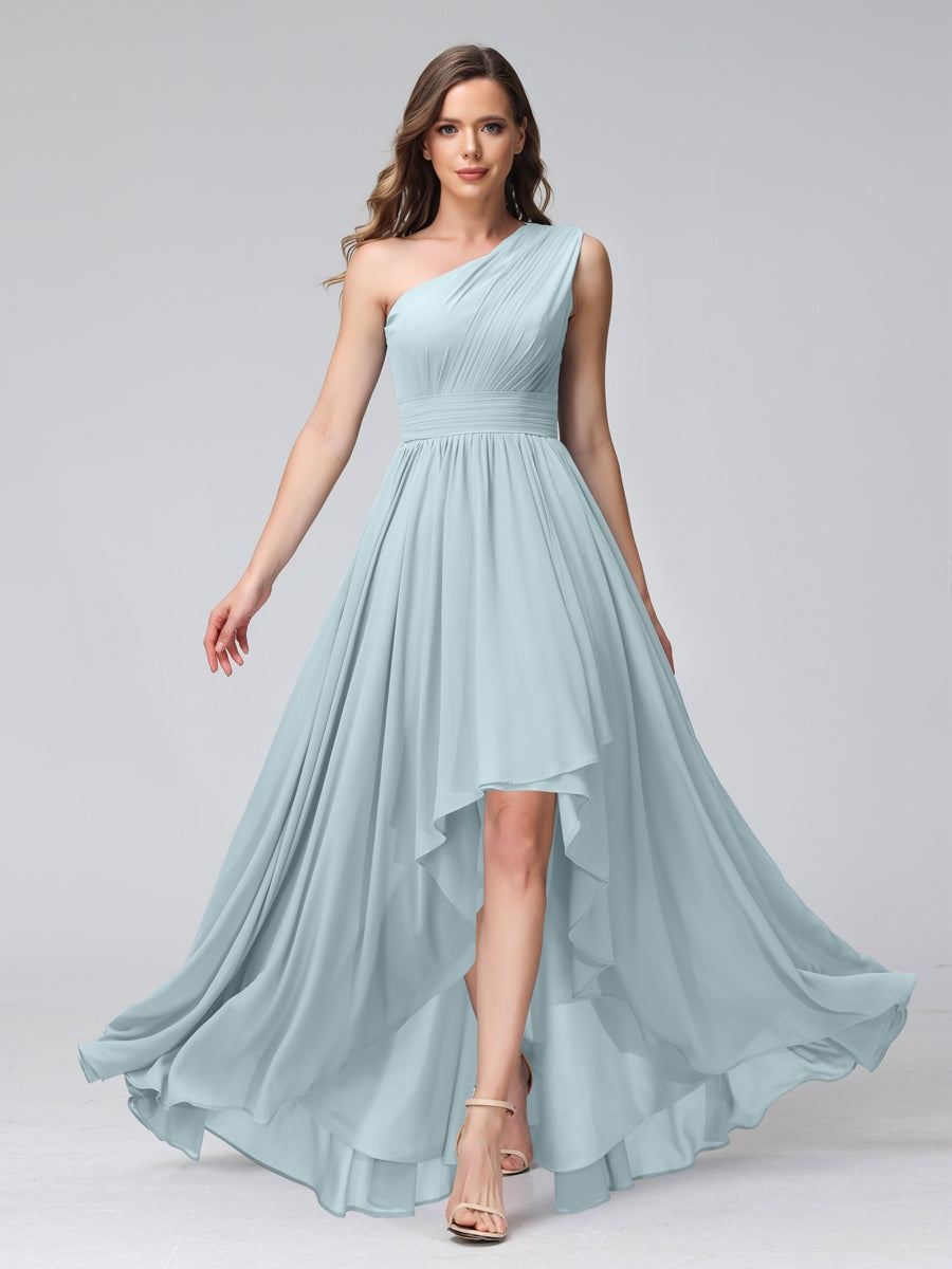 One-Shoulder Asymmetrical A-Line Princess Bridesmaid Dresses with Pockets, Sleeveless