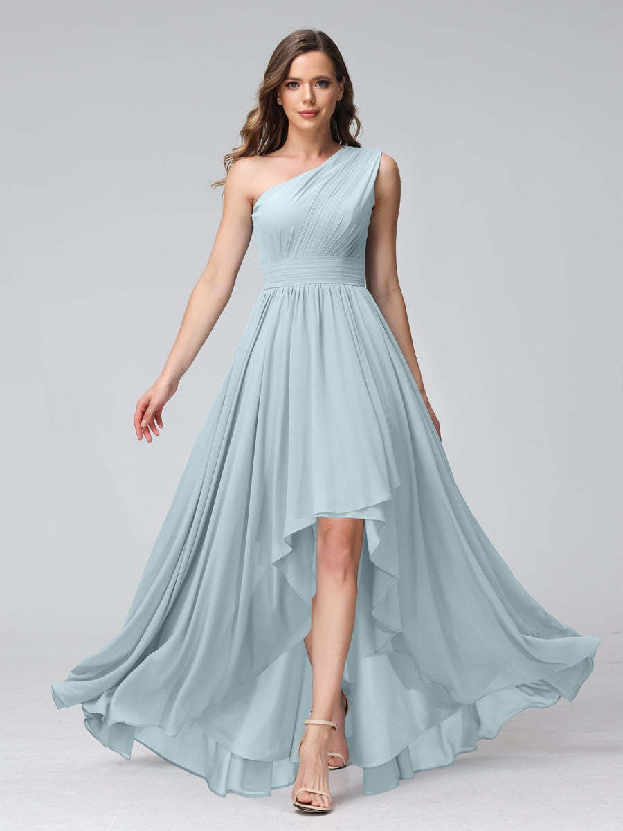 One-Shoulder Asymmetrical A-Line Princess Bridesmaid Dresses with Pockets, Sleeveless