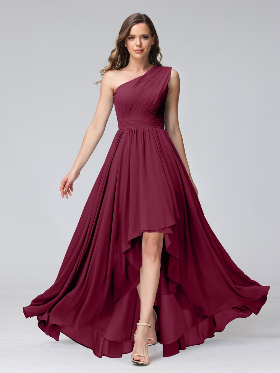 One-Shoulder Asymmetrical A-Line Princess Bridesmaid Dresses with Pockets, Sleeveless