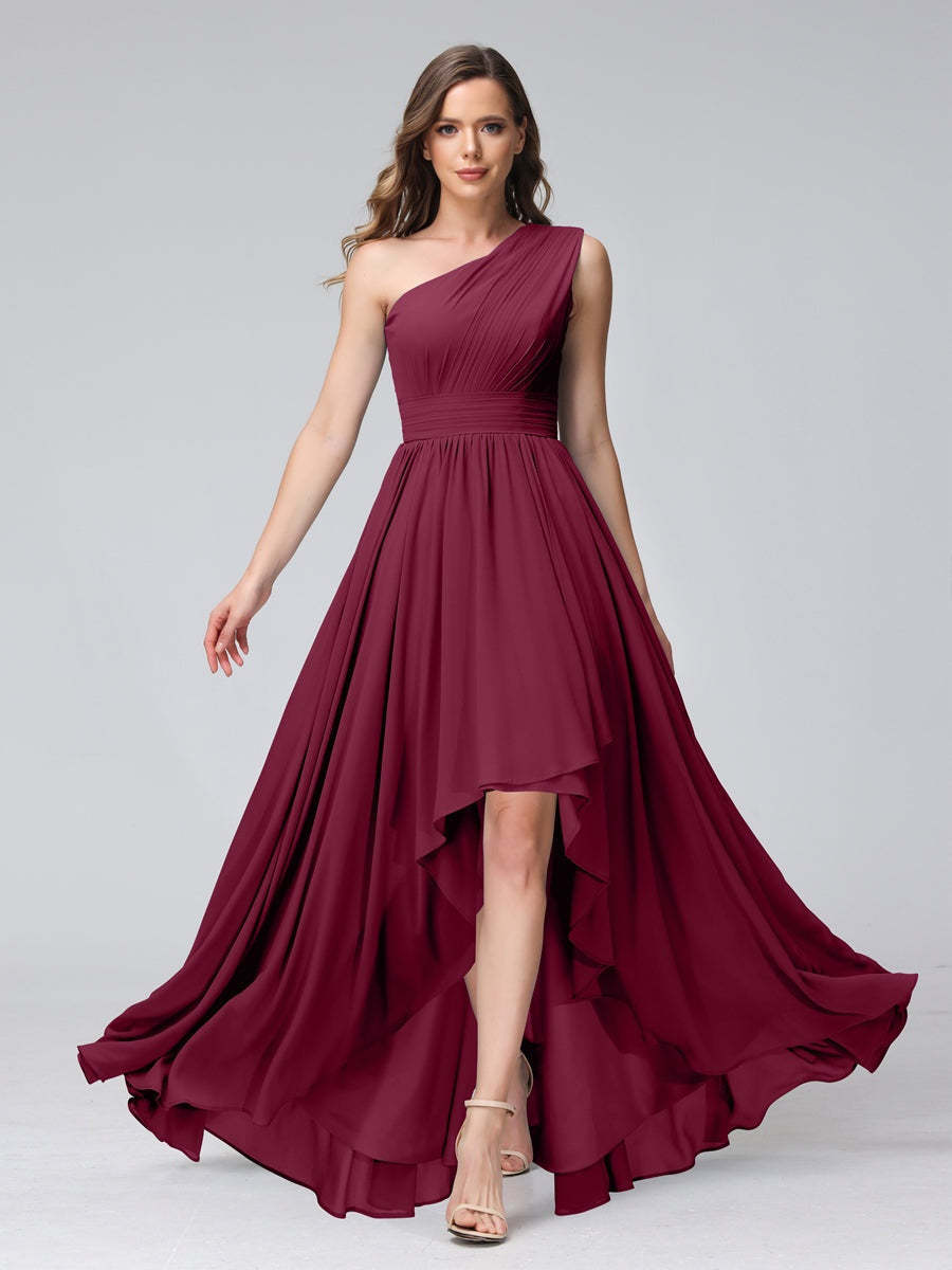 One-Shoulder Asymmetrical A-Line Princess Bridesmaid Dresses with Pockets, Sleeveless