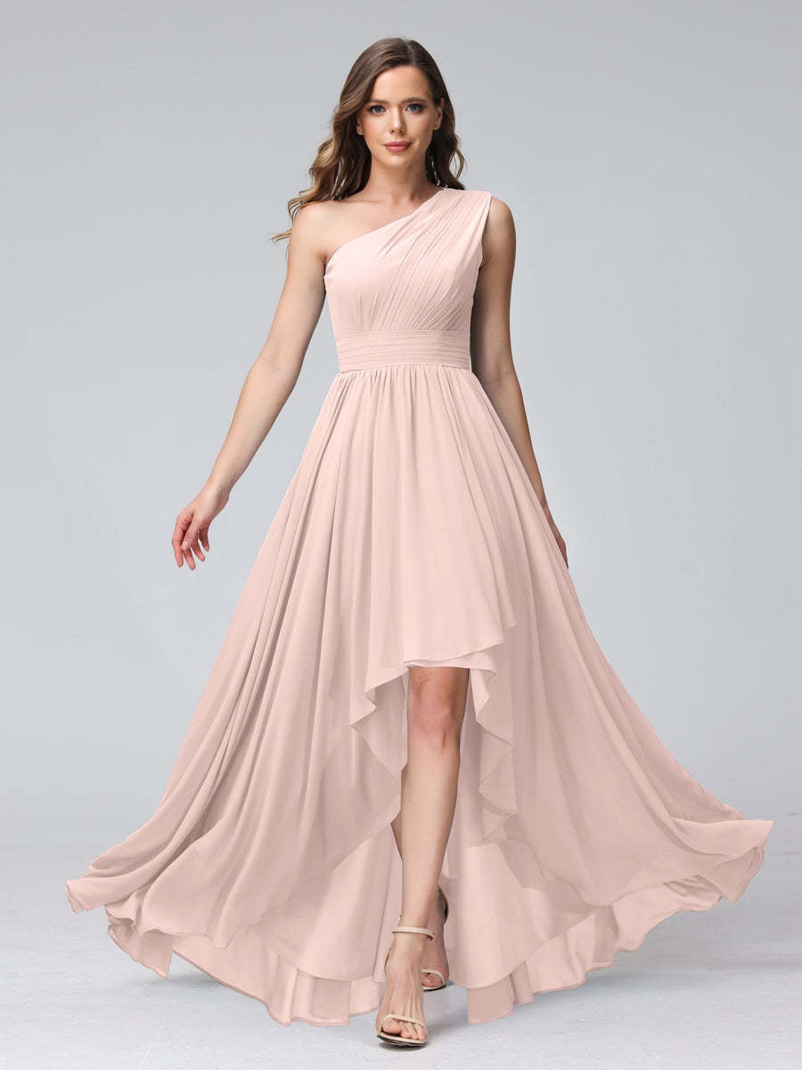 One-Shoulder Asymmetrical A-Line Princess Bridesmaid Dresses with Pockets, Sleeveless