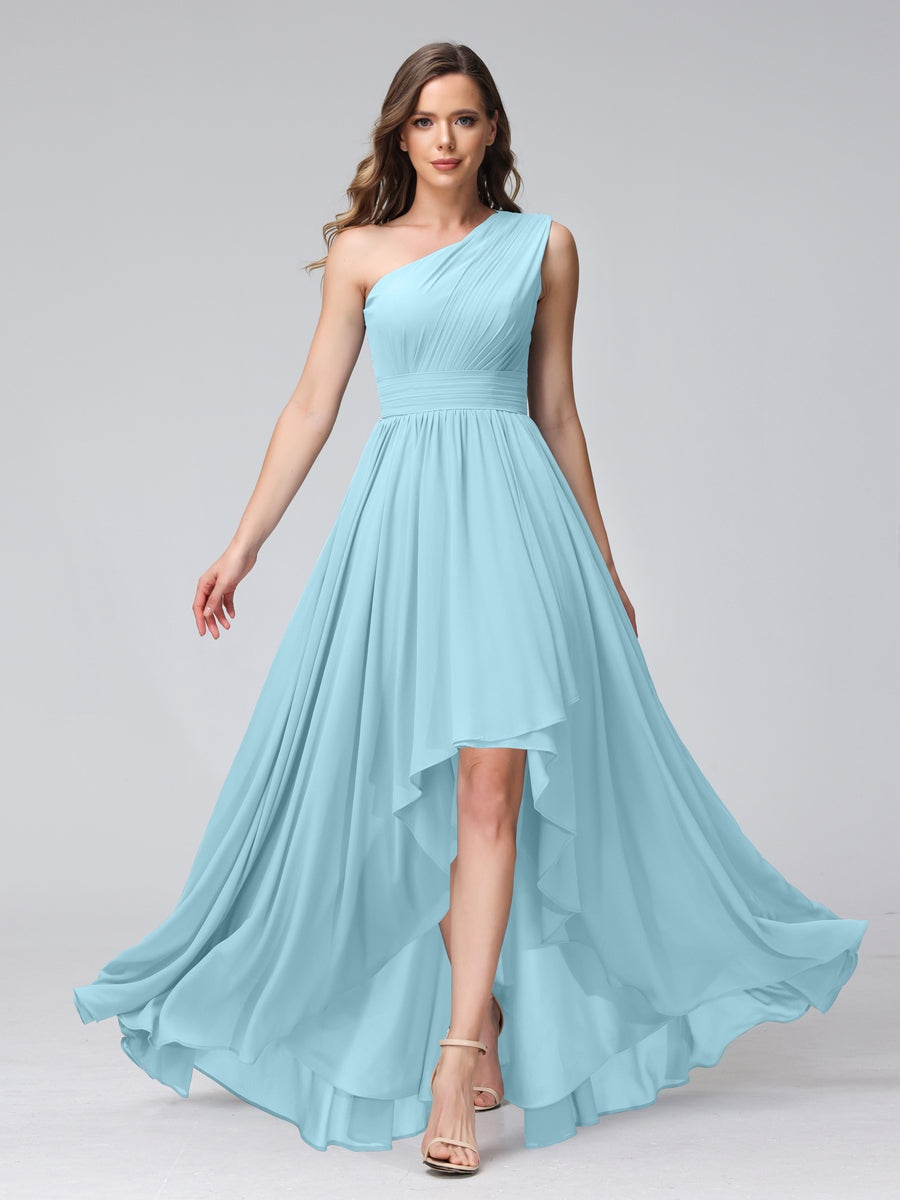 One-Shoulder Asymmetrical A-Line Princess Bridesmaid Dresses with Pockets, Sleeveless