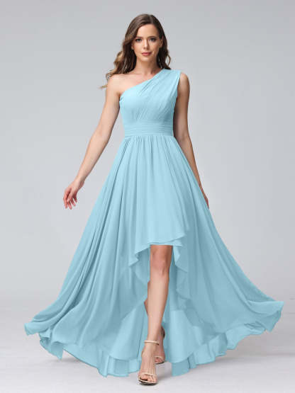 One-Shoulder Asymmetrical A-Line Princess Bridesmaid Dresses with Pockets, Sleeveless