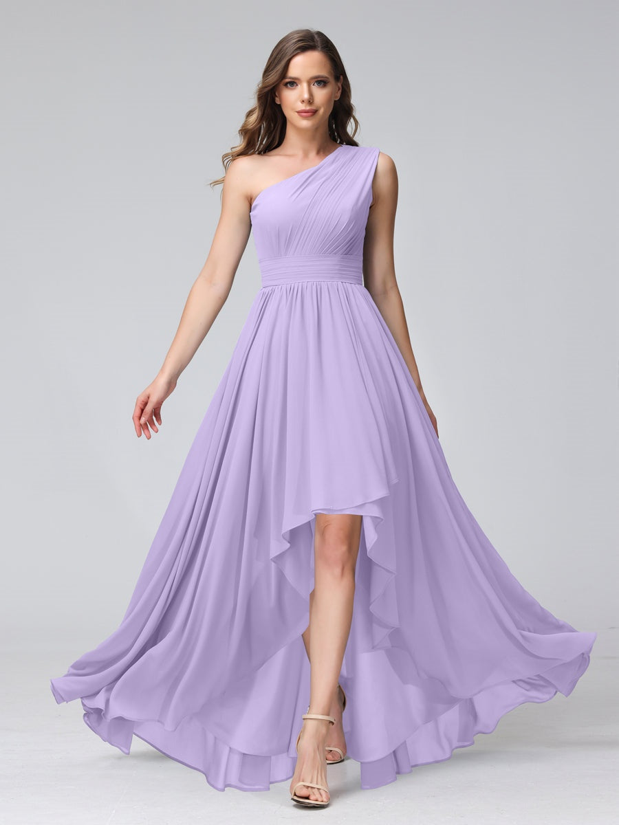 One-Shoulder Asymmetrical A-Line Princess Bridesmaid Dresses with Pockets, Sleeveless