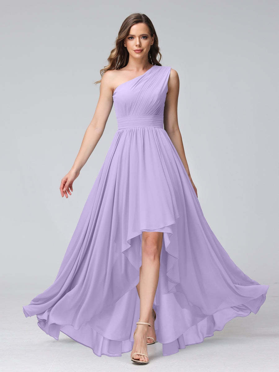 One-Shoulder Asymmetrical A-Line Princess Bridesmaid Dresses with Pockets, Sleeveless