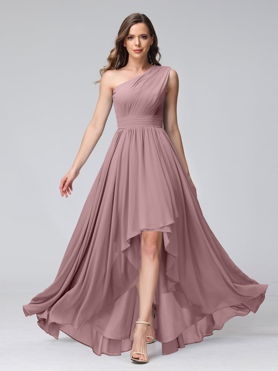 One-Shoulder Asymmetrical A-Line Princess Bridesmaid Dresses with Pockets, Sleeveless
