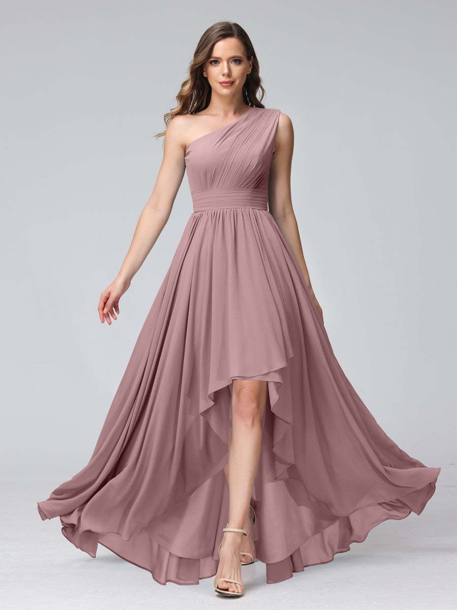 One-Shoulder Asymmetrical A-Line Princess Bridesmaid Dresses with Pockets, Sleeveless