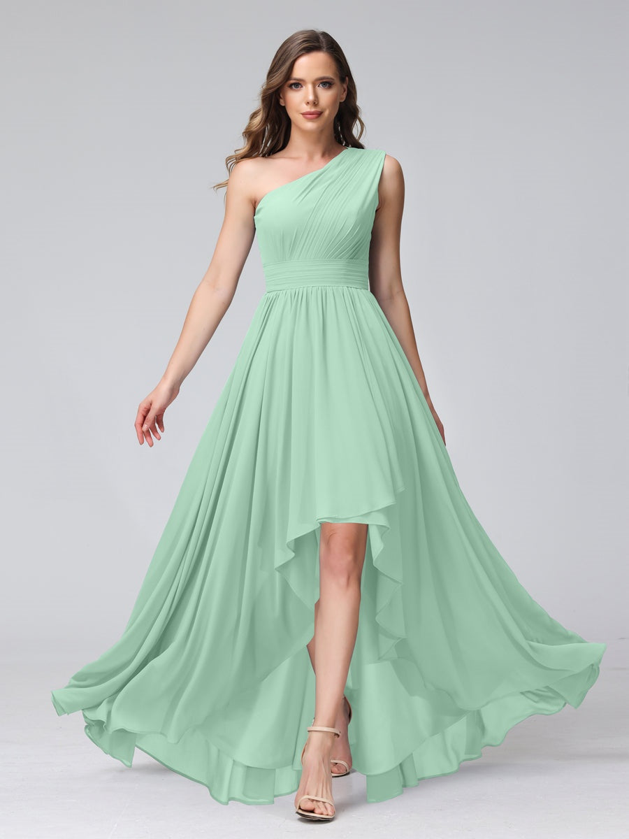 One-Shoulder Asymmetrical A-Line Princess Bridesmaid Dresses with Pockets, Sleeveless