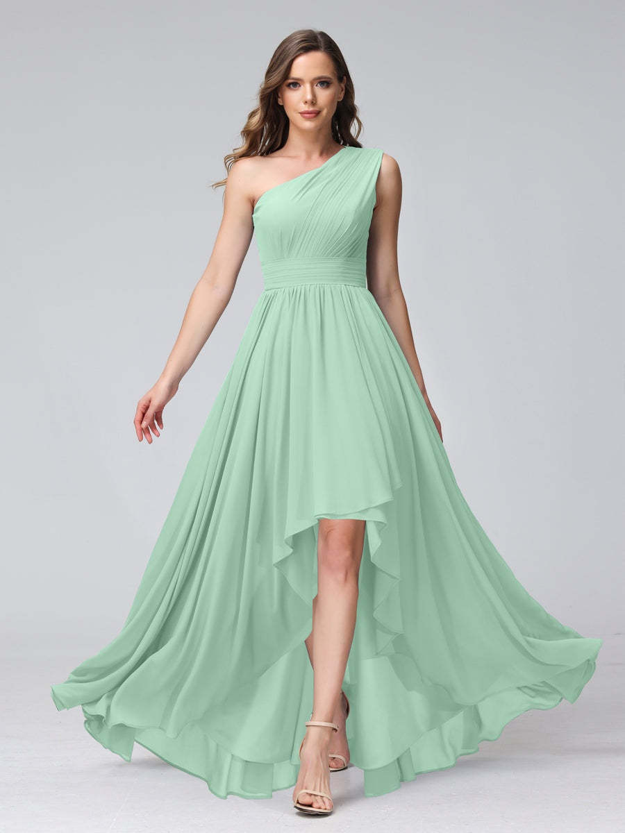 One-Shoulder Asymmetrical A-Line Princess Bridesmaid Dresses with Pockets, Sleeveless