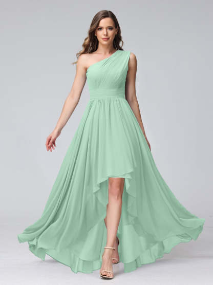 One-Shoulder Asymmetrical A-Line Princess Bridesmaid Dresses with Pockets, Sleeveless