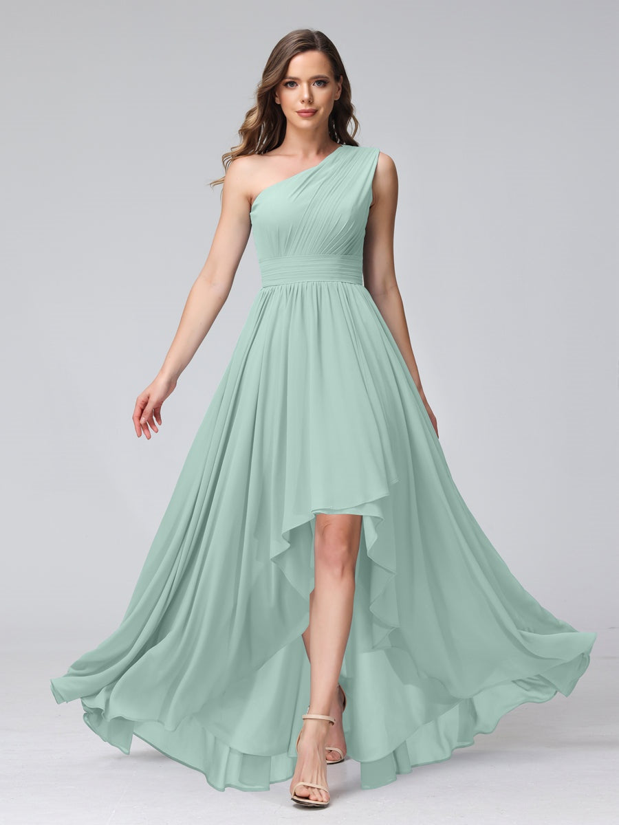 One-Shoulder Asymmetrical A-Line Princess Bridesmaid Dresses with Pockets, Sleeveless