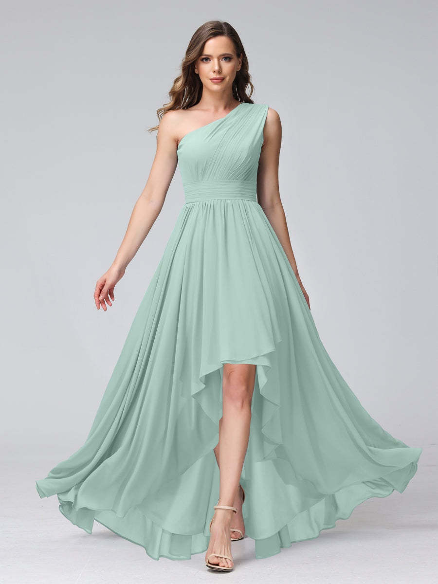 One-Shoulder Asymmetrical A-Line Princess Bridesmaid Dresses with Pockets, Sleeveless