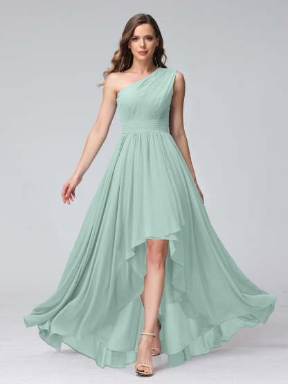 One-Shoulder Asymmetrical A-Line Princess Bridesmaid Dresses with Pockets, Sleeveless