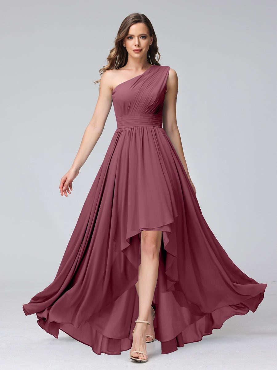One-Shoulder Asymmetrical A-Line Princess Bridesmaid Dresses with Pockets, Sleeveless