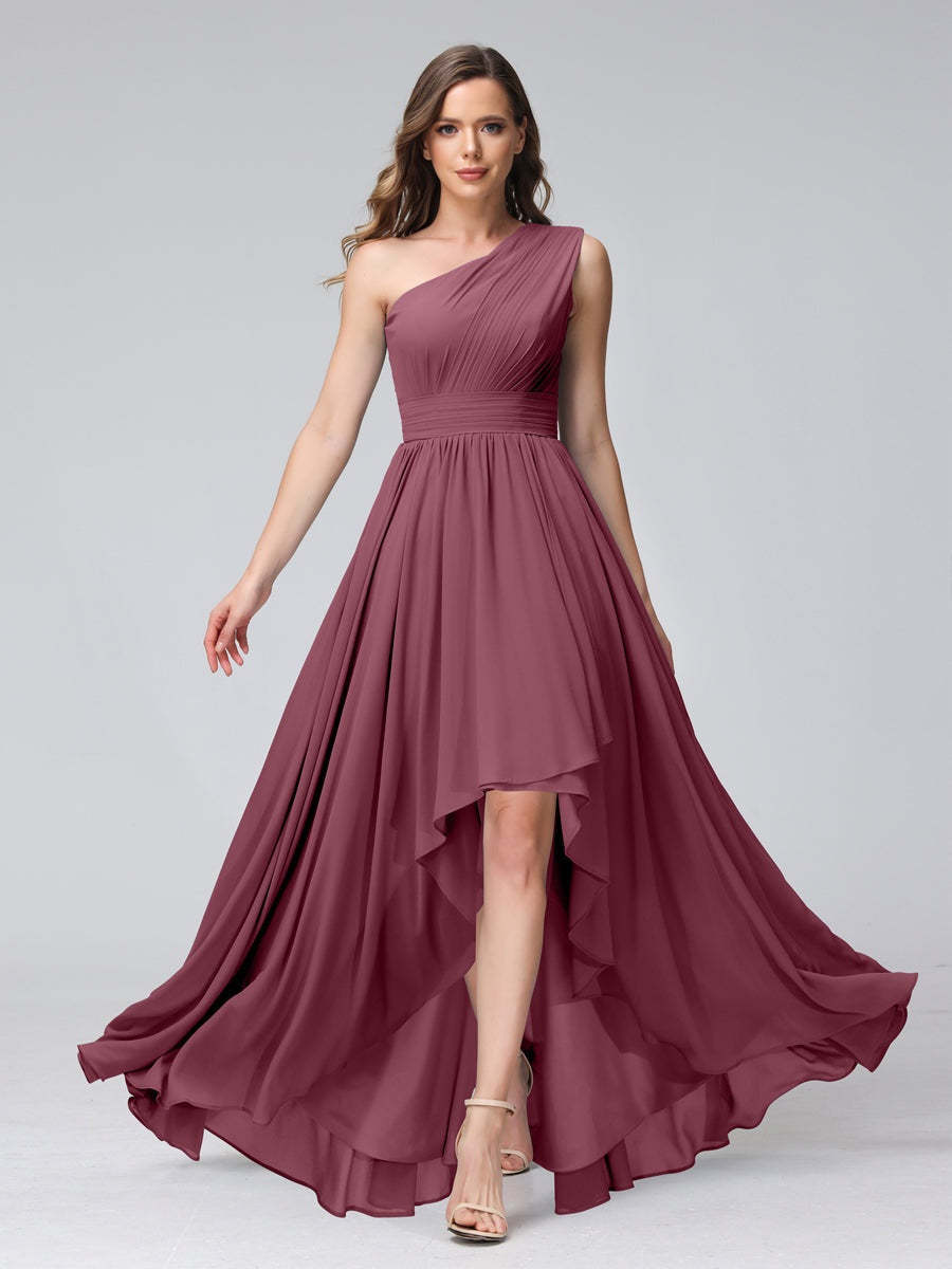 One-Shoulder Asymmetrical A-Line Princess Bridesmaid Dresses with Pockets, Sleeveless