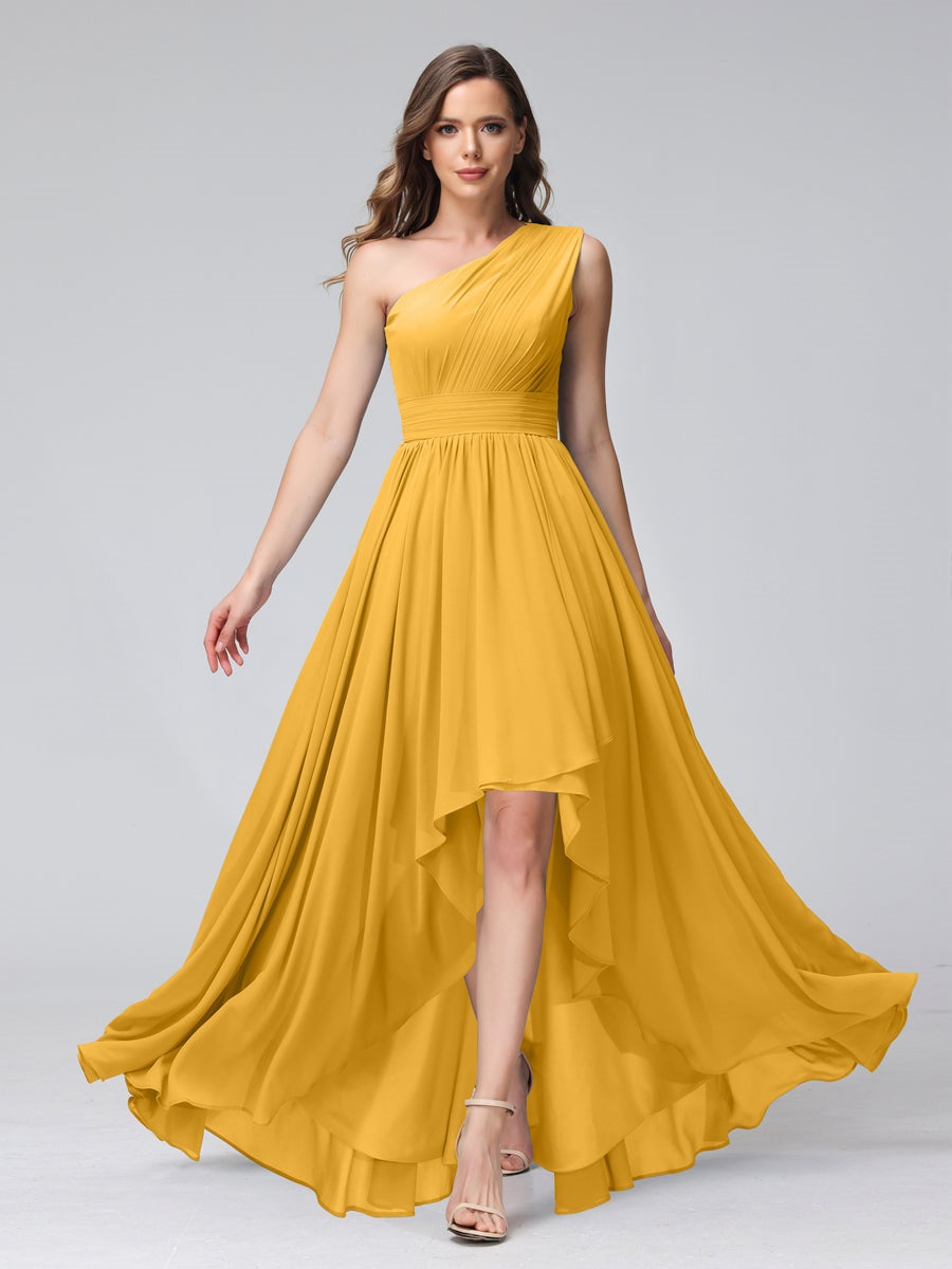 One-Shoulder Asymmetrical A-Line Princess Bridesmaid Dresses with Pockets, Sleeveless