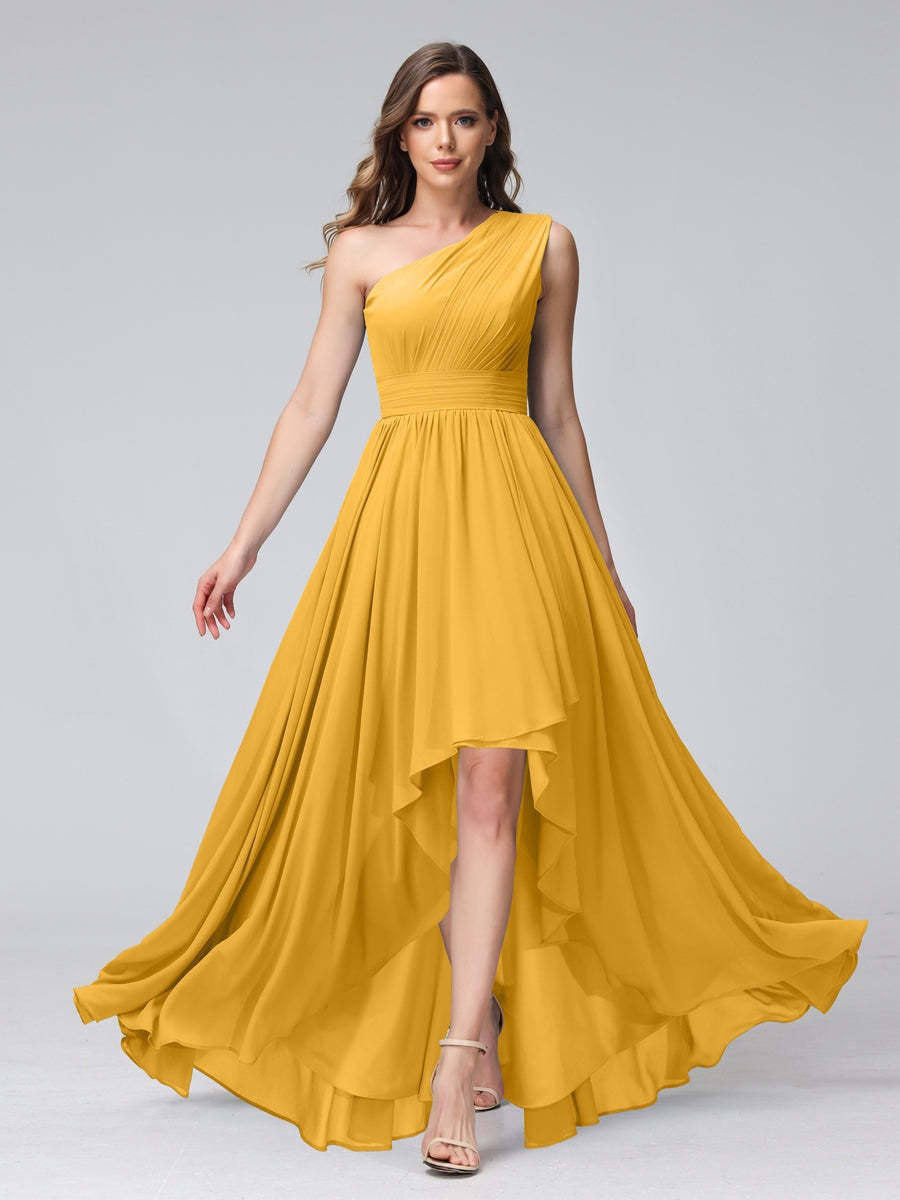 One-Shoulder Asymmetrical A-Line Princess Bridesmaid Dresses with Pockets, Sleeveless
