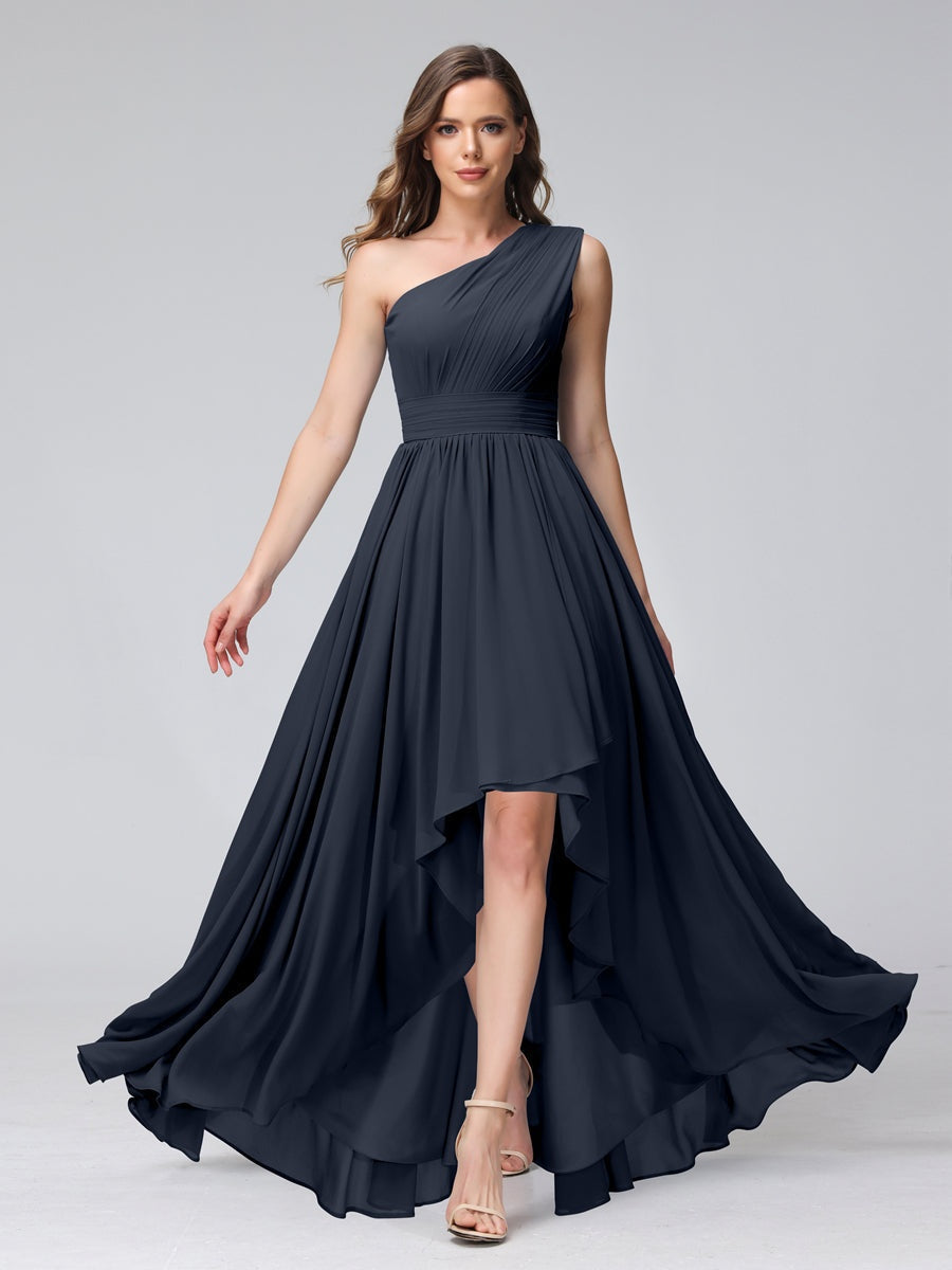 One-Shoulder Asymmetrical A-Line Princess Bridesmaid Dresses with Pockets, Sleeveless