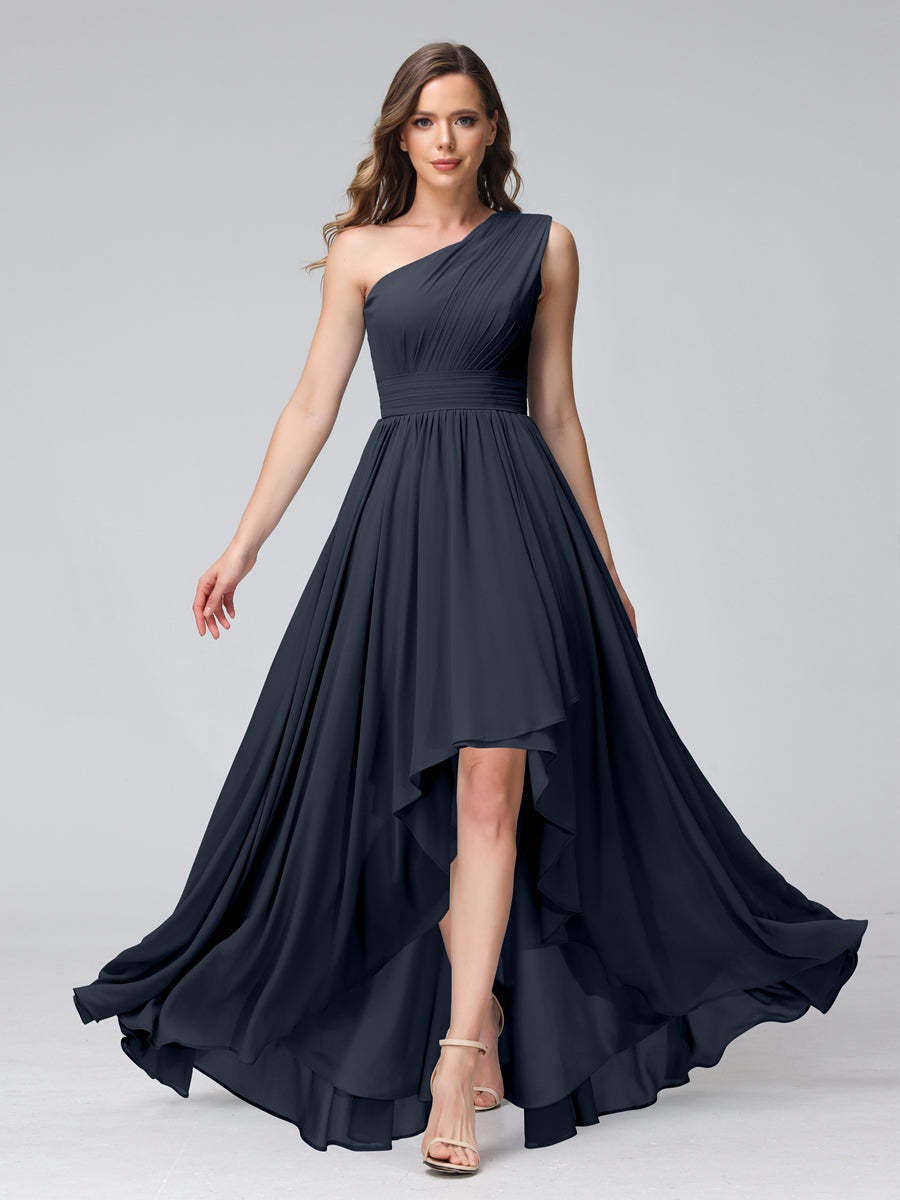 One-Shoulder Asymmetrical A-Line Princess Bridesmaid Dresses with Pockets, Sleeveless