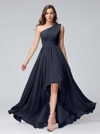One-Shoulder Asymmetrical A-Line Princess Bridesmaid Dresses with Pockets, Sleeveless