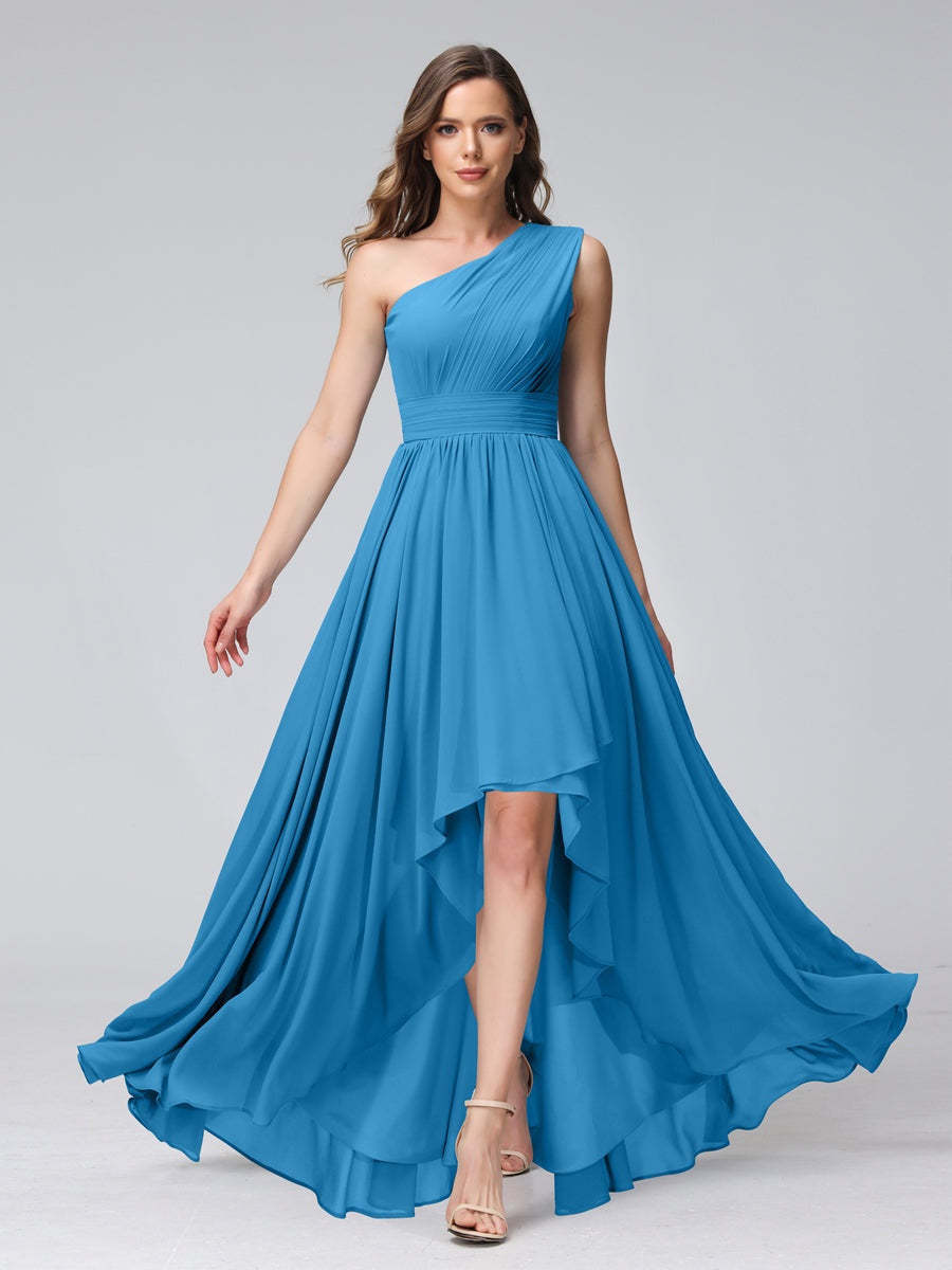 One-Shoulder Asymmetrical A-Line Princess Bridesmaid Dresses with Pockets, Sleeveless