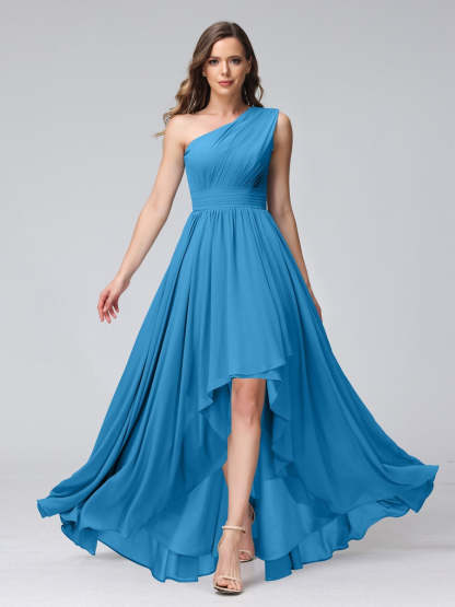 One-Shoulder Asymmetrical A-Line Princess Bridesmaid Dresses with Pockets, Sleeveless