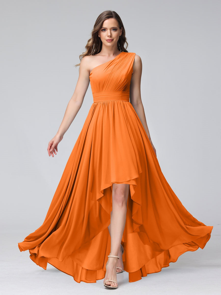 One-Shoulder Asymmetrical A-Line Princess Bridesmaid Dresses with Pockets, Sleeveless
