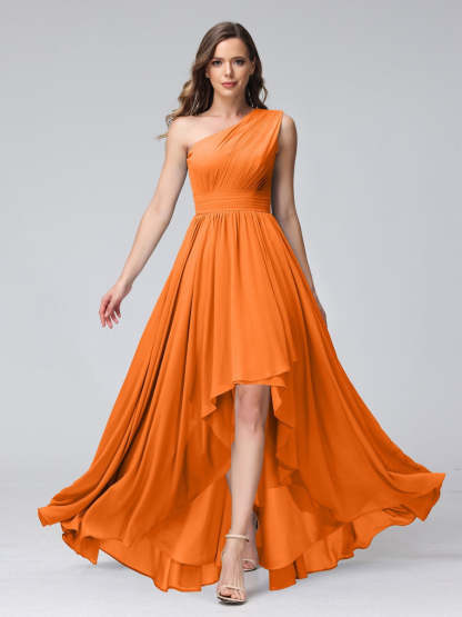 One-Shoulder Asymmetrical A-Line Princess Bridesmaid Dresses with Pockets, Sleeveless