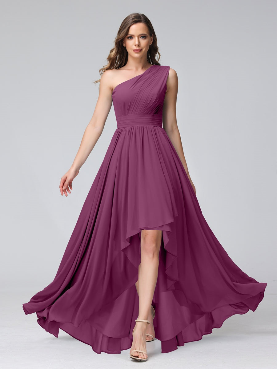 One-Shoulder Asymmetrical A-Line Princess Bridesmaid Dresses with Pockets, Sleeveless