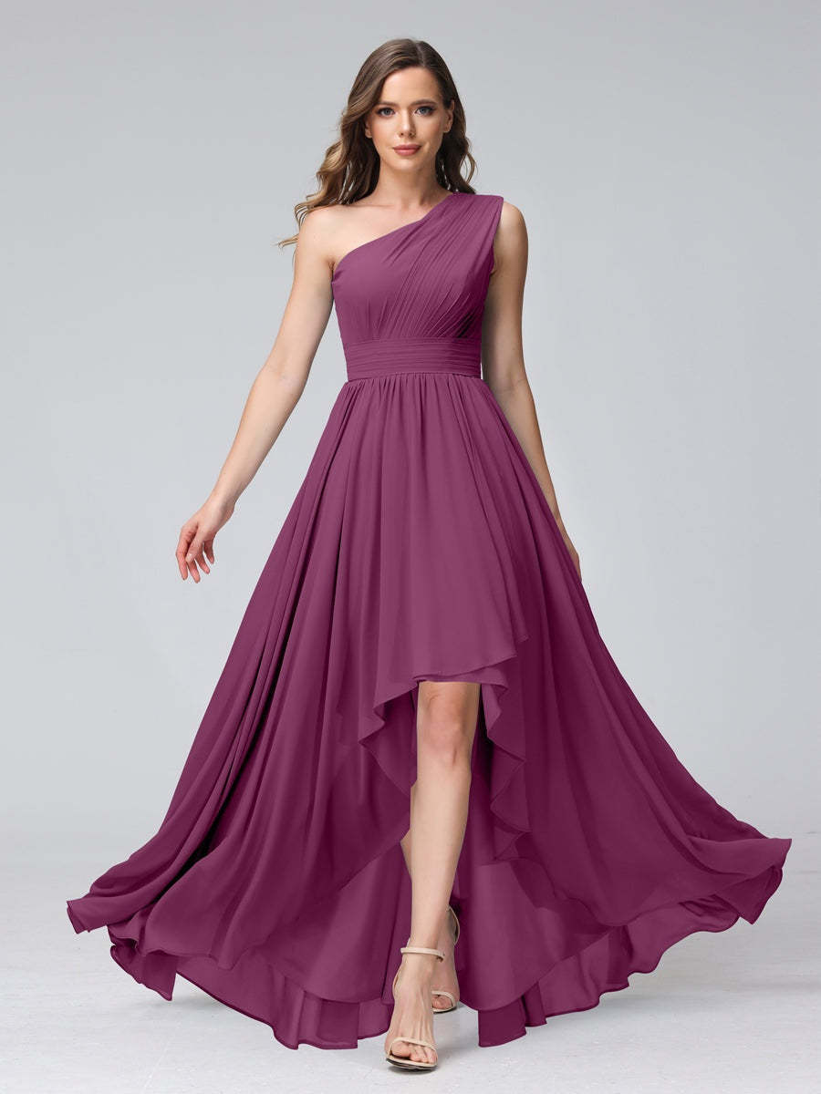 One-Shoulder Asymmetrical A-Line Princess Bridesmaid Dresses with Pockets, Sleeveless