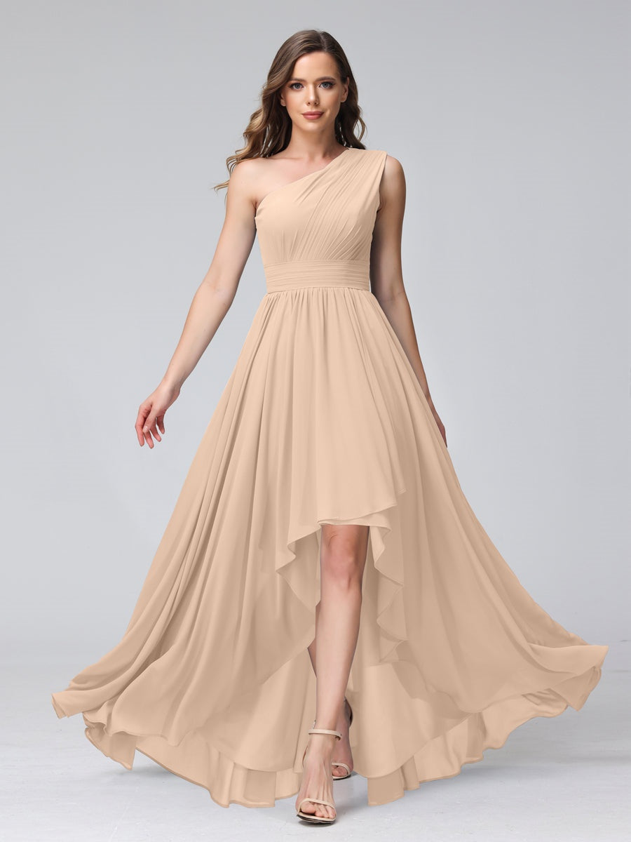 One-Shoulder Asymmetrical A-Line Princess Bridesmaid Dresses with Pockets, Sleeveless