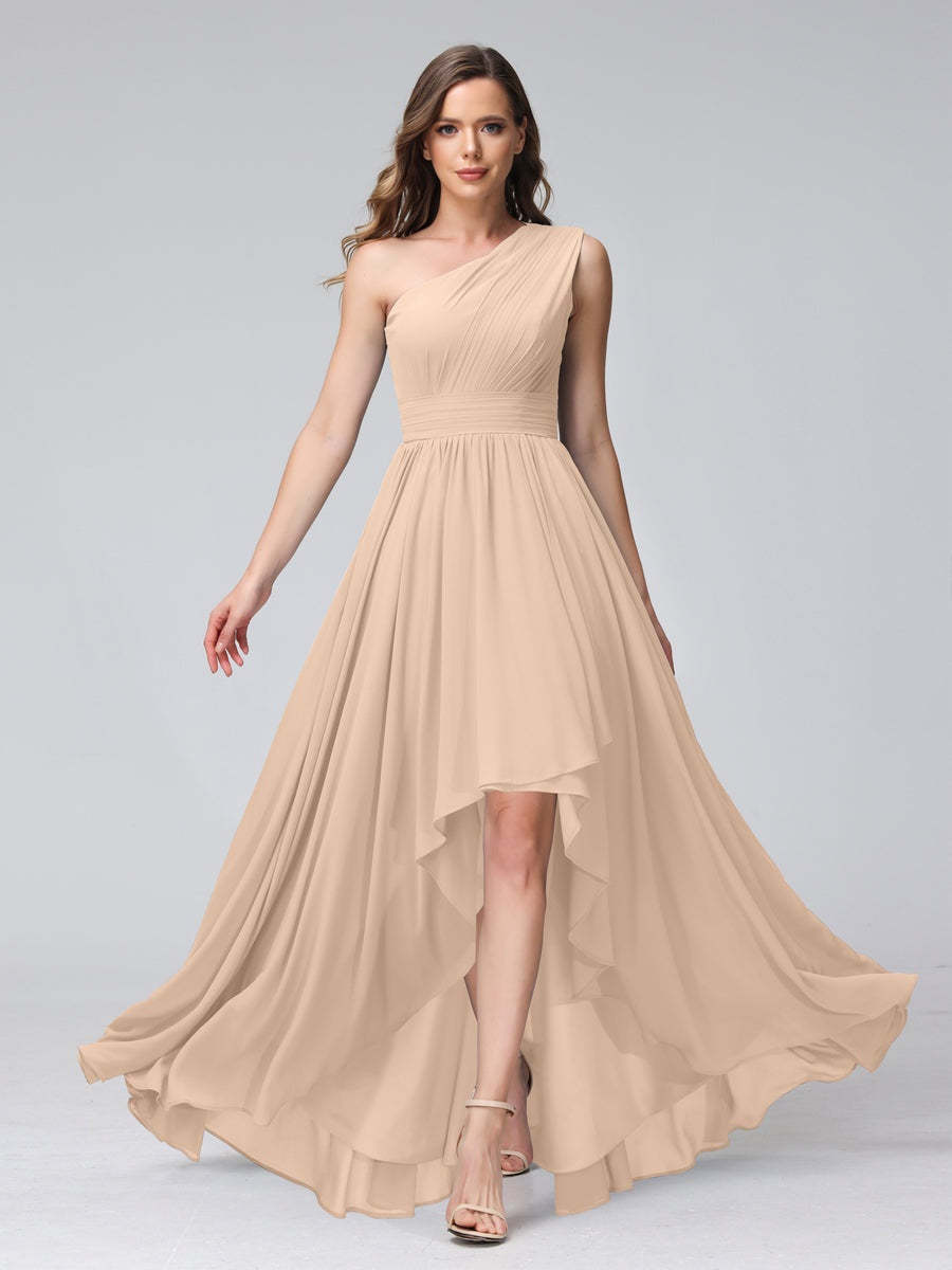 One-Shoulder Asymmetrical A-Line Princess Bridesmaid Dresses with Pockets, Sleeveless