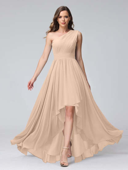 One-Shoulder Asymmetrical A-Line Princess Bridesmaid Dresses with Pockets, Sleeveless