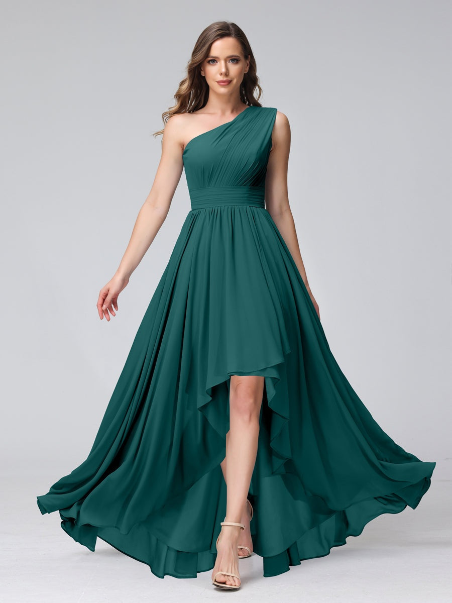 One-Shoulder Asymmetrical A-Line Princess Bridesmaid Dresses with Pockets, Sleeveless