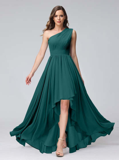 One-Shoulder Asymmetrical A-Line Princess Bridesmaid Dresses with Pockets, Sleeveless
