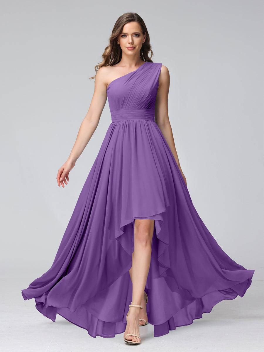 One-Shoulder Asymmetrical A-Line Princess Bridesmaid Dresses with Pockets, Sleeveless