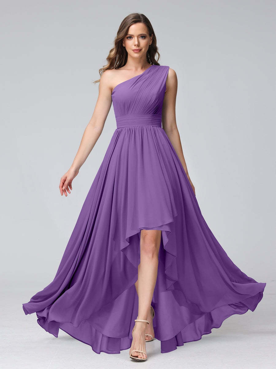 One-Shoulder Asymmetrical A-Line Princess Bridesmaid Dresses with Pockets, Sleeveless