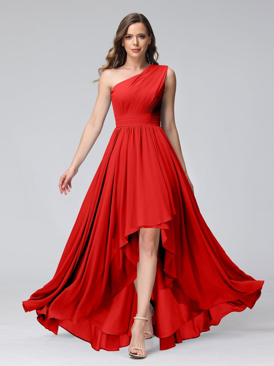 One-Shoulder Asymmetrical A-Line Princess Bridesmaid Dresses with Pockets, Sleeveless