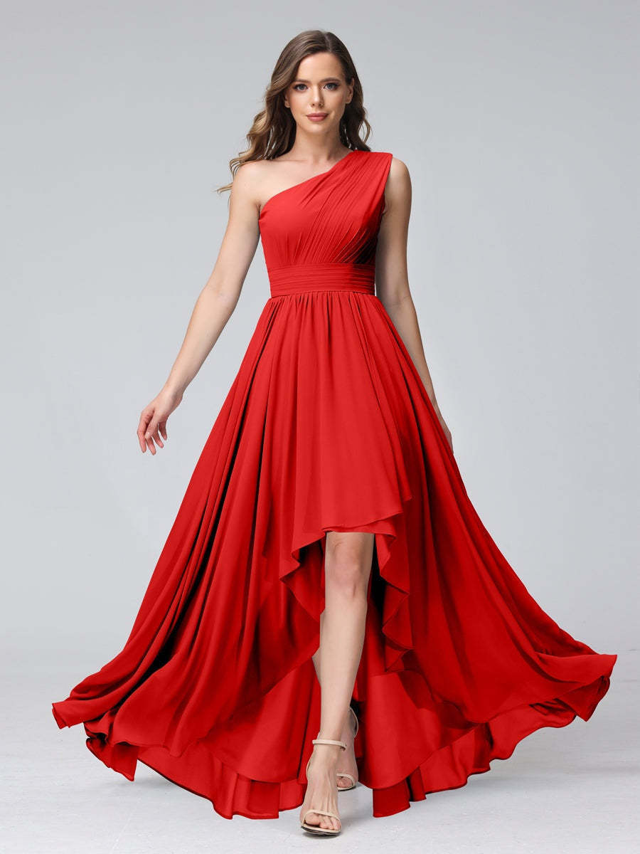One-Shoulder Asymmetrical A-Line Princess Bridesmaid Dresses with Pockets, Sleeveless