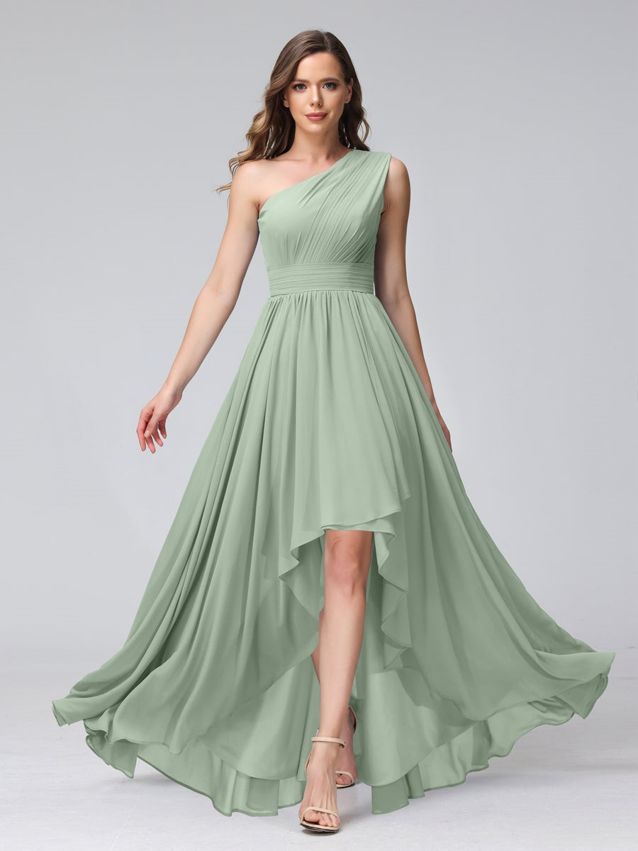 One-Shoulder Asymmetrical A-Line Princess Bridesmaid Dresses with Pockets, Sleeveless