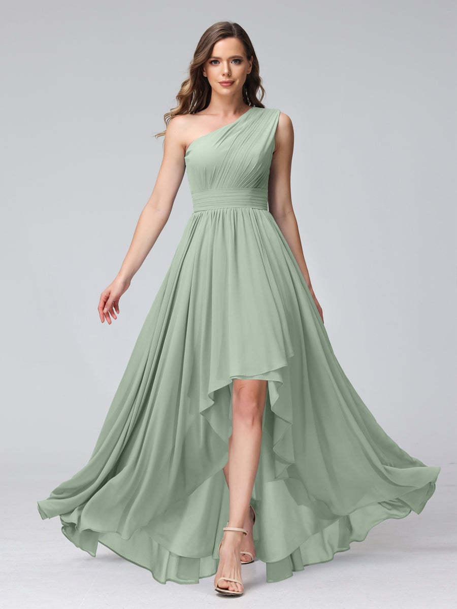 One-Shoulder Asymmetrical A-Line Princess Bridesmaid Dresses with Pockets, Sleeveless