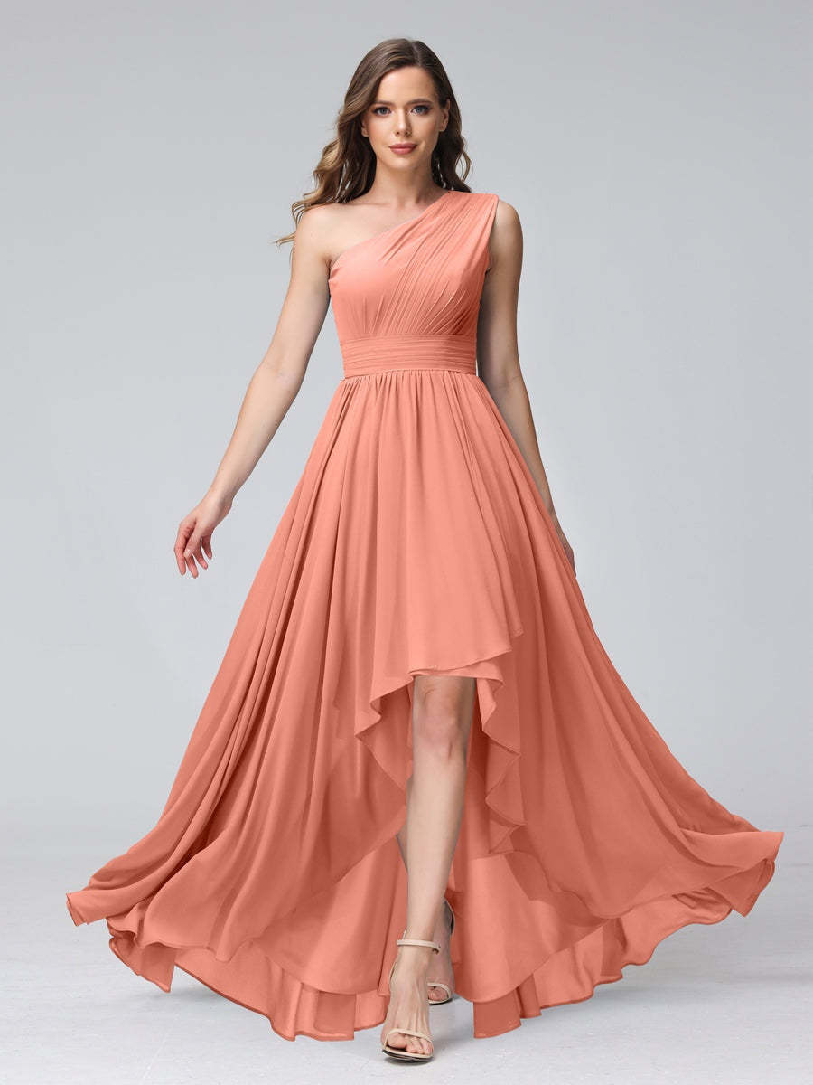 One-Shoulder Asymmetrical A-Line Princess Bridesmaid Dresses with Pockets, Sleeveless