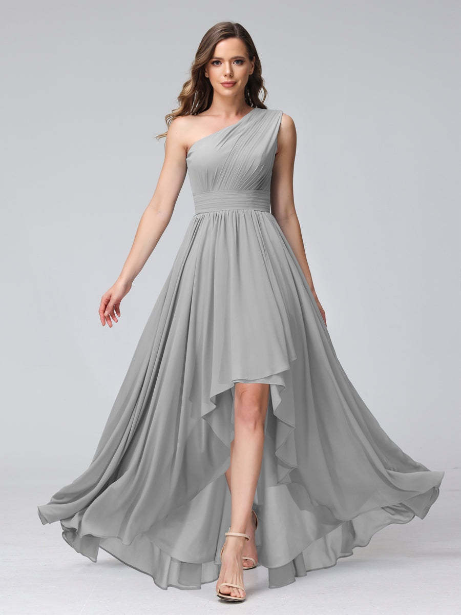 One-Shoulder Asymmetrical A-Line Princess Bridesmaid Dresses with Pockets, Sleeveless