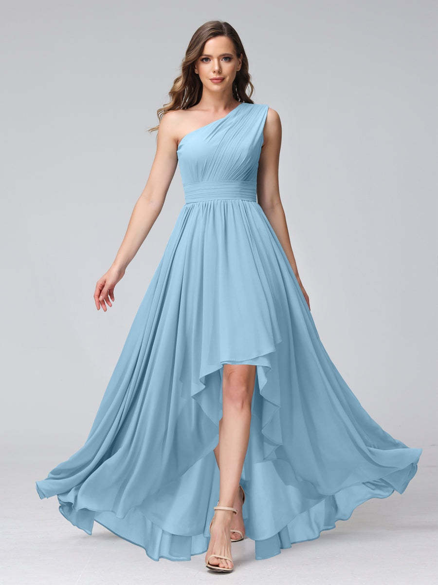 One-Shoulder Asymmetrical A-Line Princess Bridesmaid Dresses with Pockets, Sleeveless