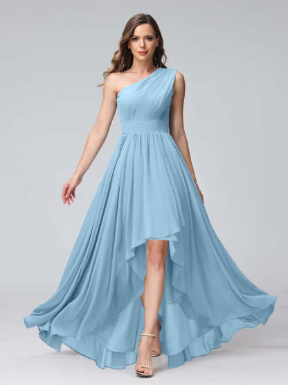 One-Shoulder Asymmetrical A-Line Princess Bridesmaid Dresses with Pockets, Sleeveless