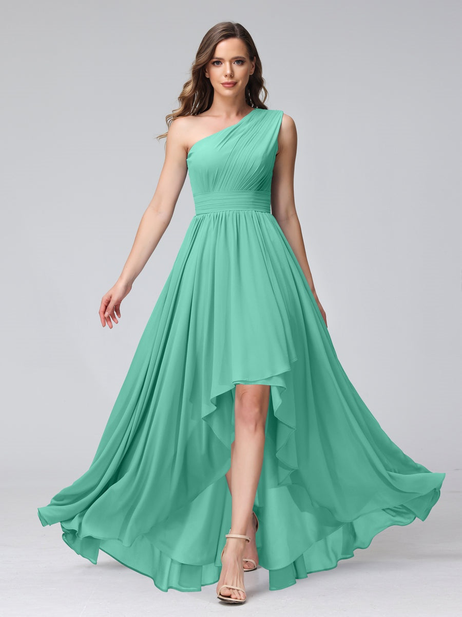 One-Shoulder Asymmetrical A-Line Princess Bridesmaid Dresses with Pockets, Sleeveless