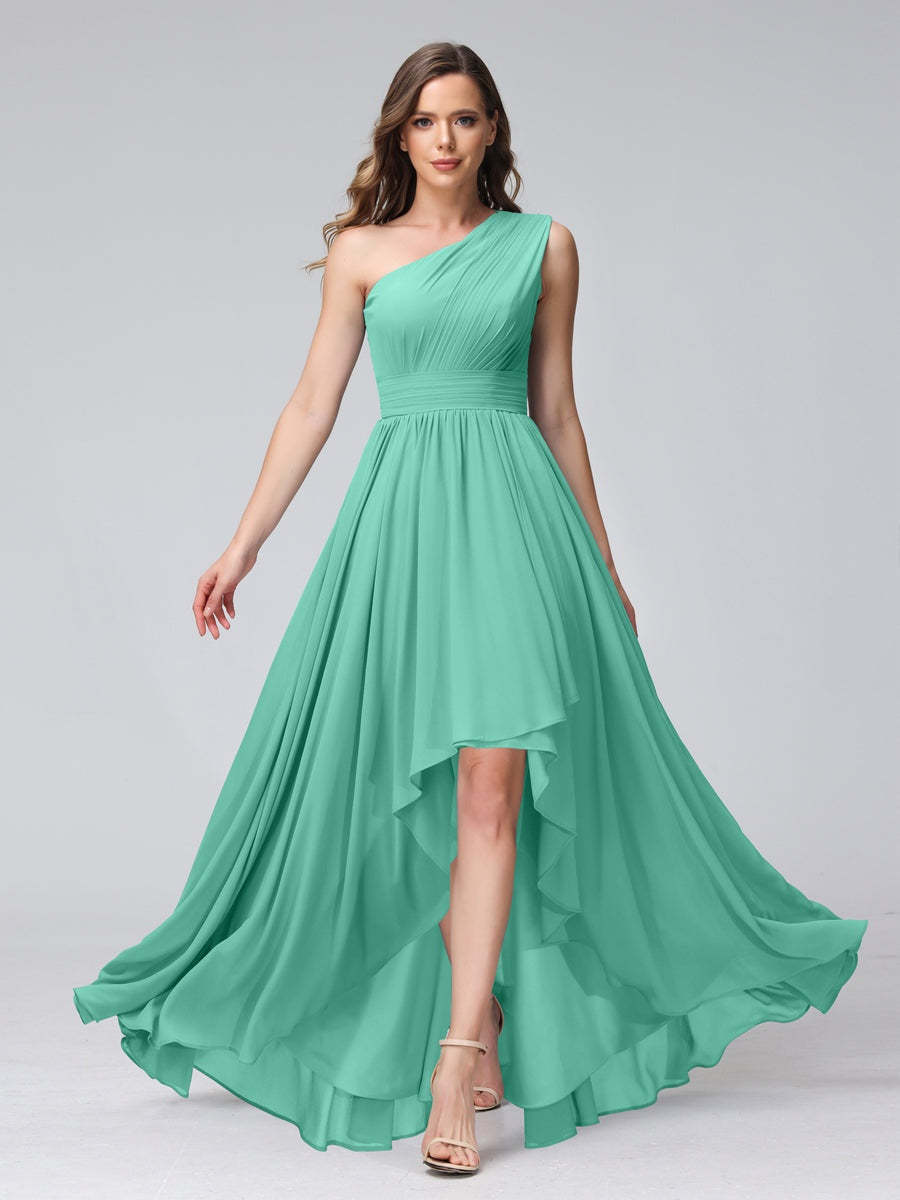 One-Shoulder Asymmetrical A-Line Princess Bridesmaid Dresses with Pockets, Sleeveless