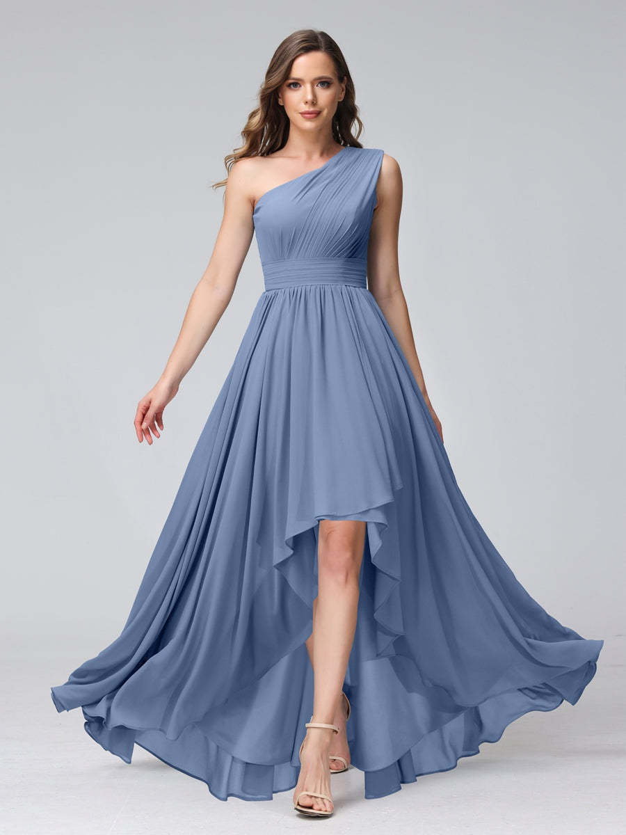 One-Shoulder Asymmetrical A-Line Princess Bridesmaid Dresses with Pockets, Sleeveless